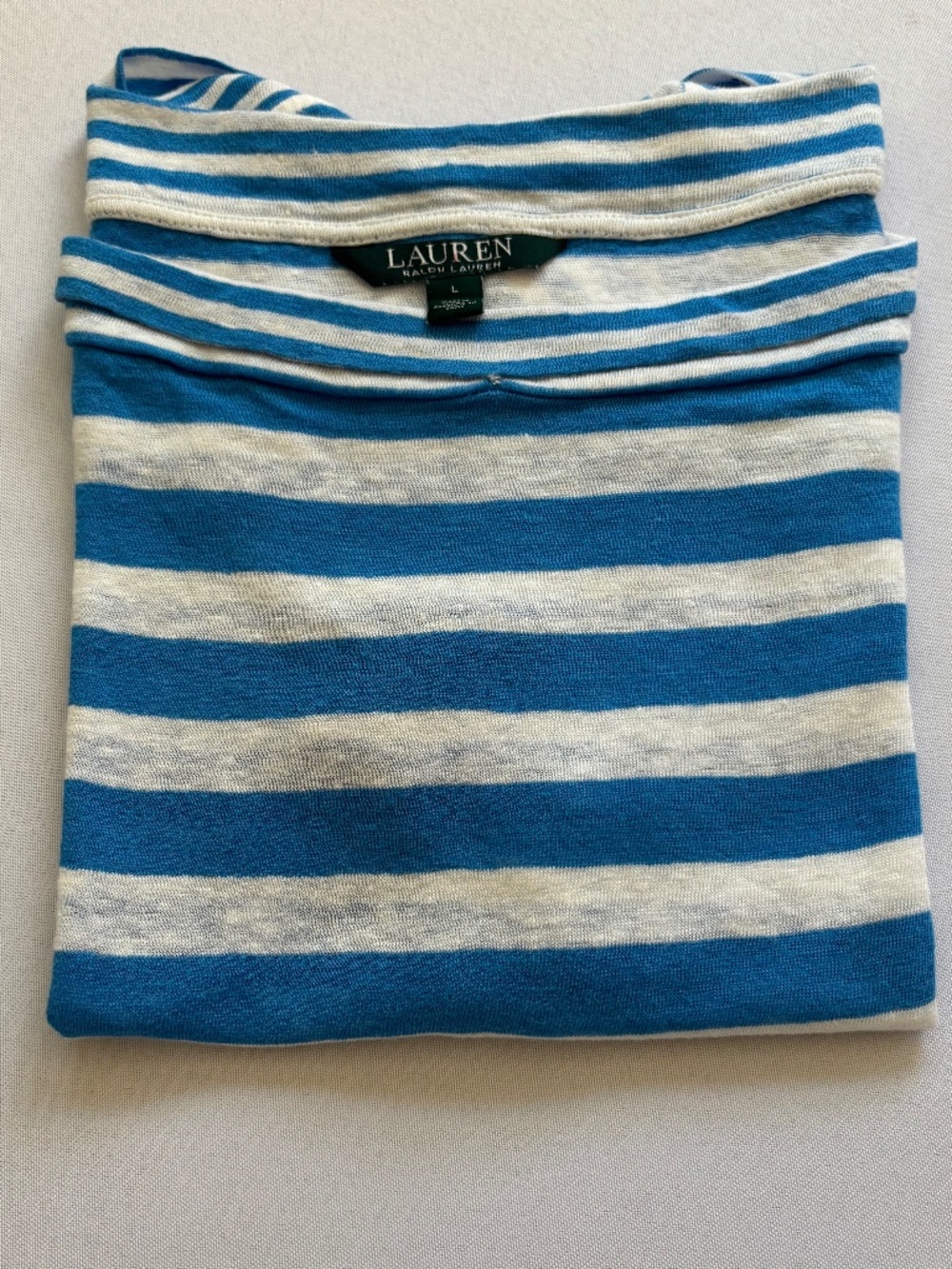 Blue White Striped Linen Boat Neck Short Sleeve Top L Lauren Ralph Lauren